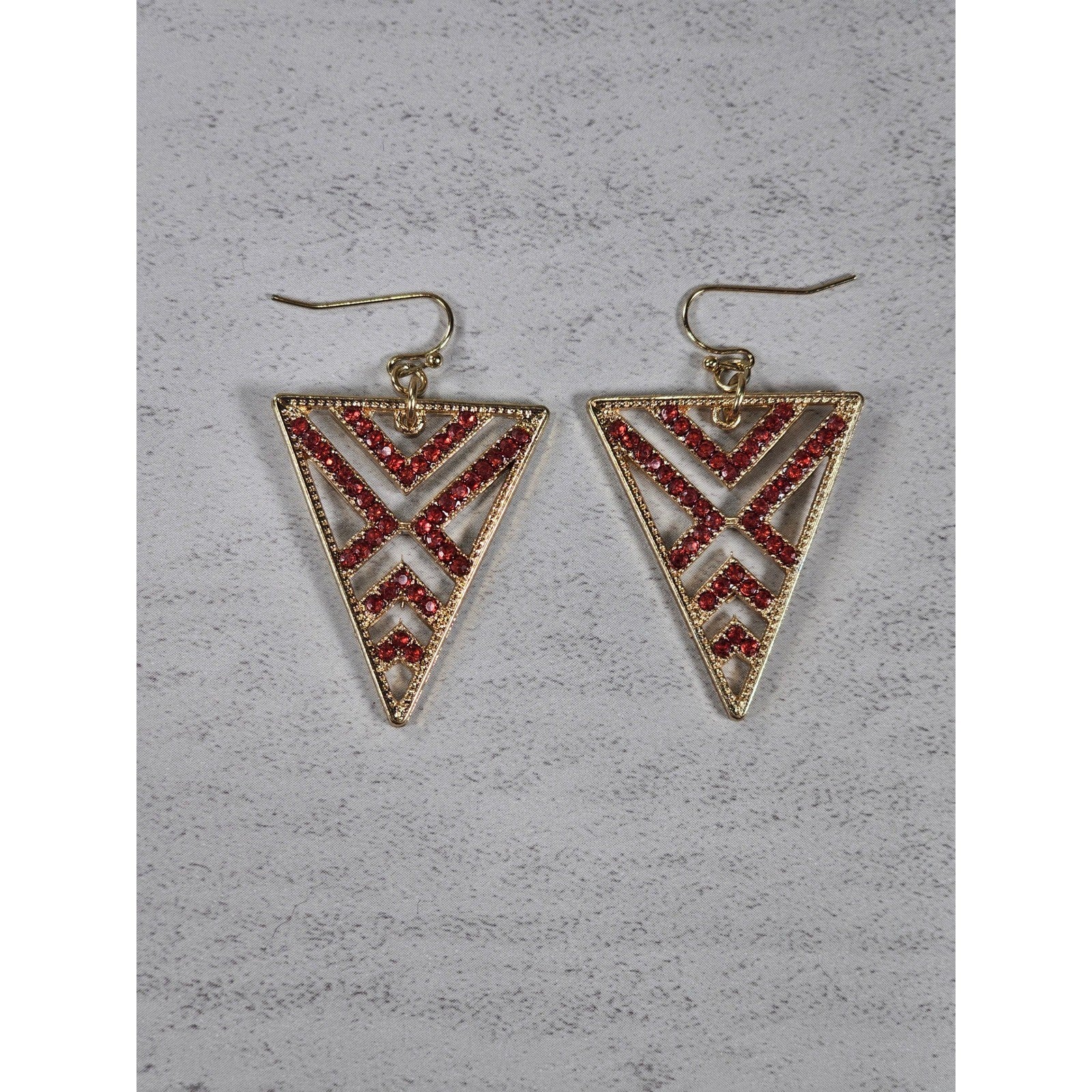 Gold Tone Red Rhinestone Triangle Dangle Earrings Geometric