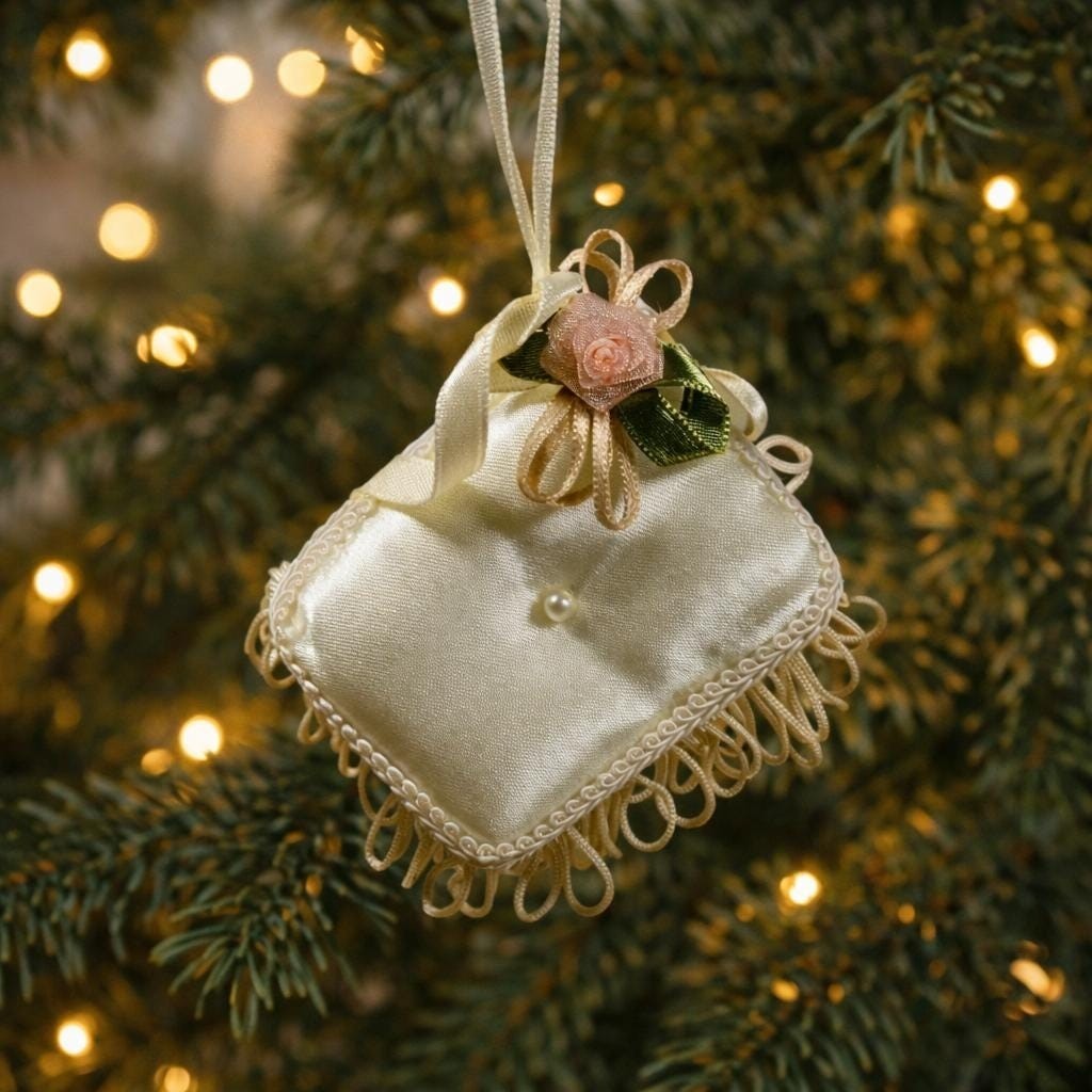 Vintage Miniature Satin Stool Ornament White Pearl Trim Dollhouse