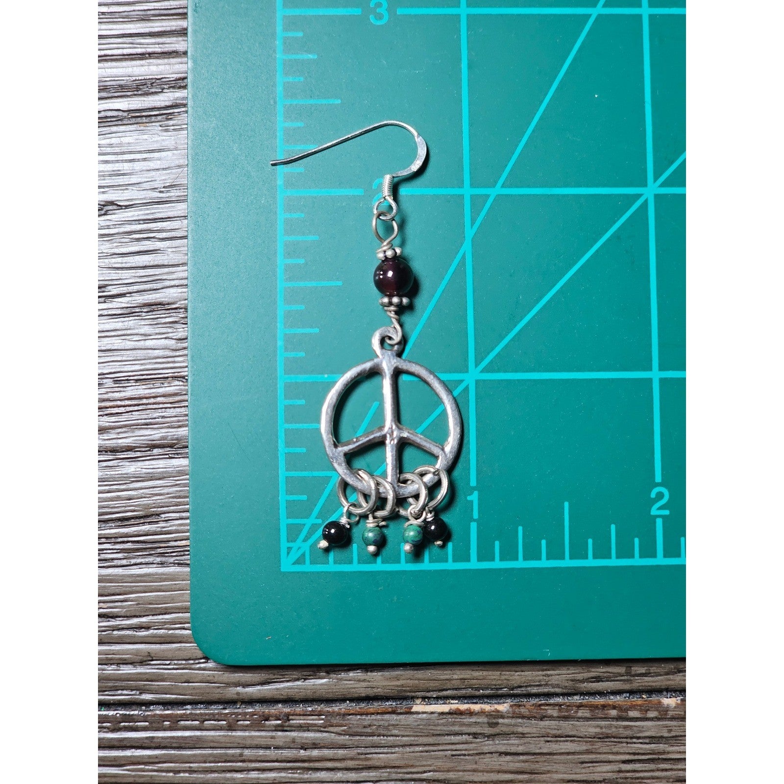 Vintage Peace Sign Dangle Earrings Garnet Bead Accent