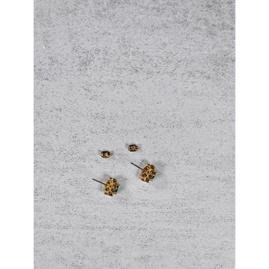 Vintage Green Oval Stud Earrings Gold Tone Halo Rhinestones