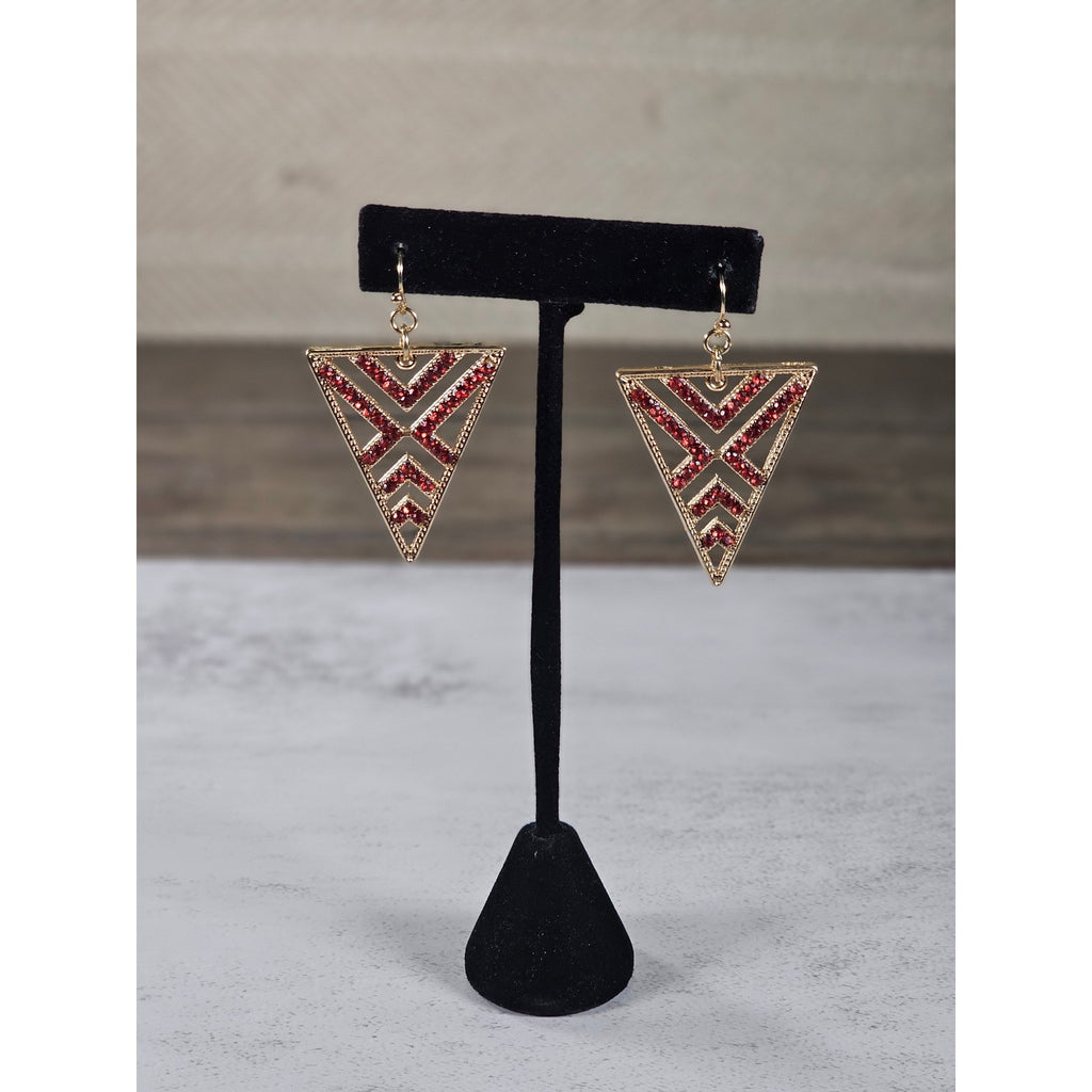 Gold Tone Red Rhinestone Triangle Dangle Earrings Geometric