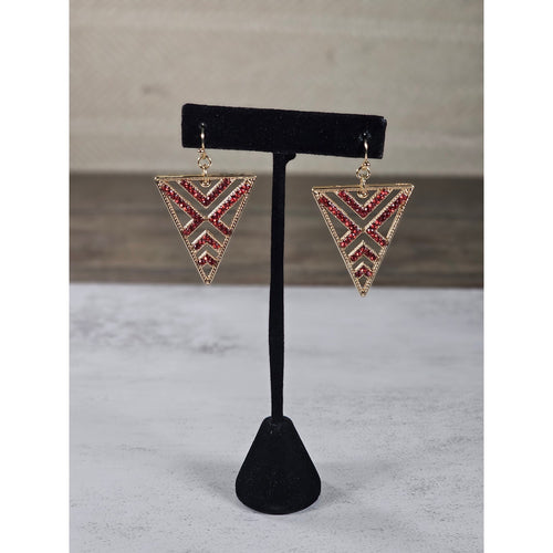 Gold Tone Red Rhinestone Triangle Dangle Earrings Geometric