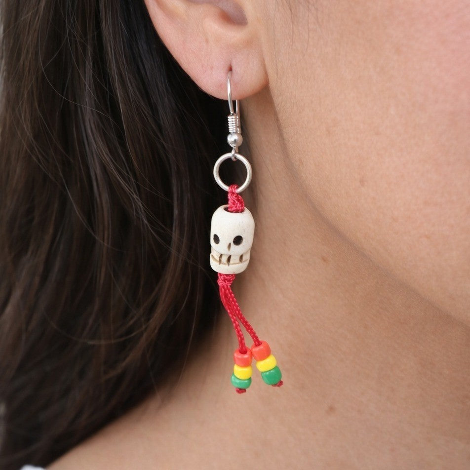 Vintage Skull Dangle Earrings Red Cord Beaded Boho Gothic
