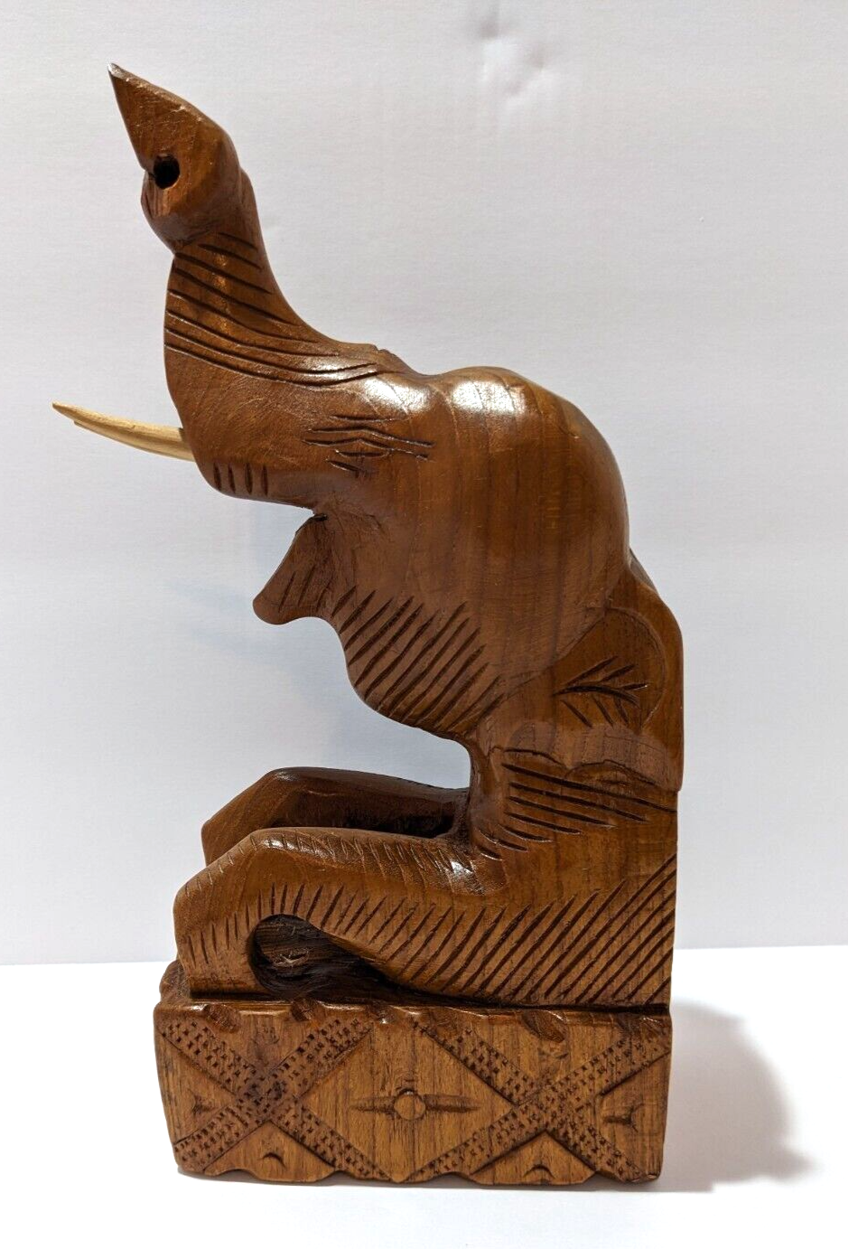 Vintage Hand Carved Teak Wood Elephant Bookend — Rustic Single Teak Elephant