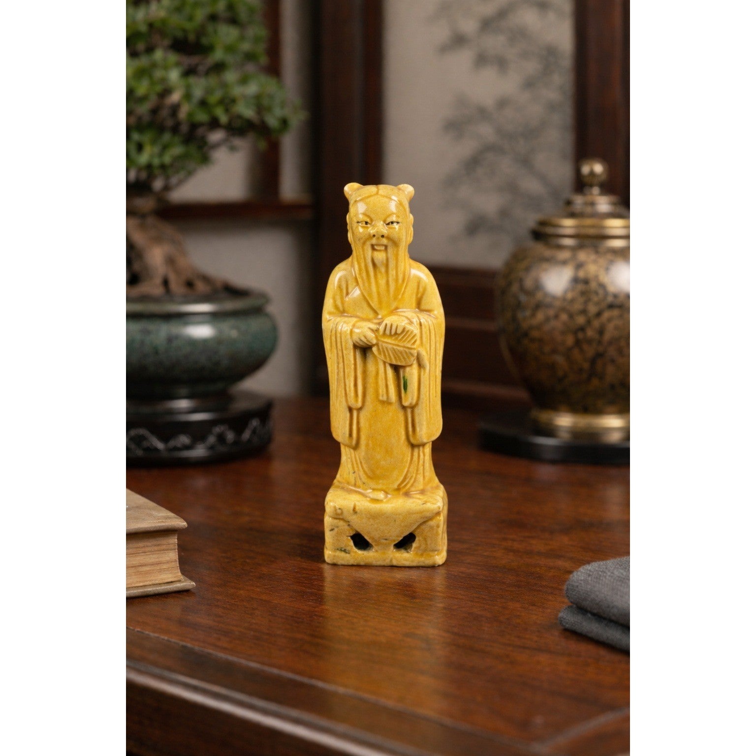 Antique Shou Lao Porcelain Figurine God of Longevity Yellow Glaze Vintage