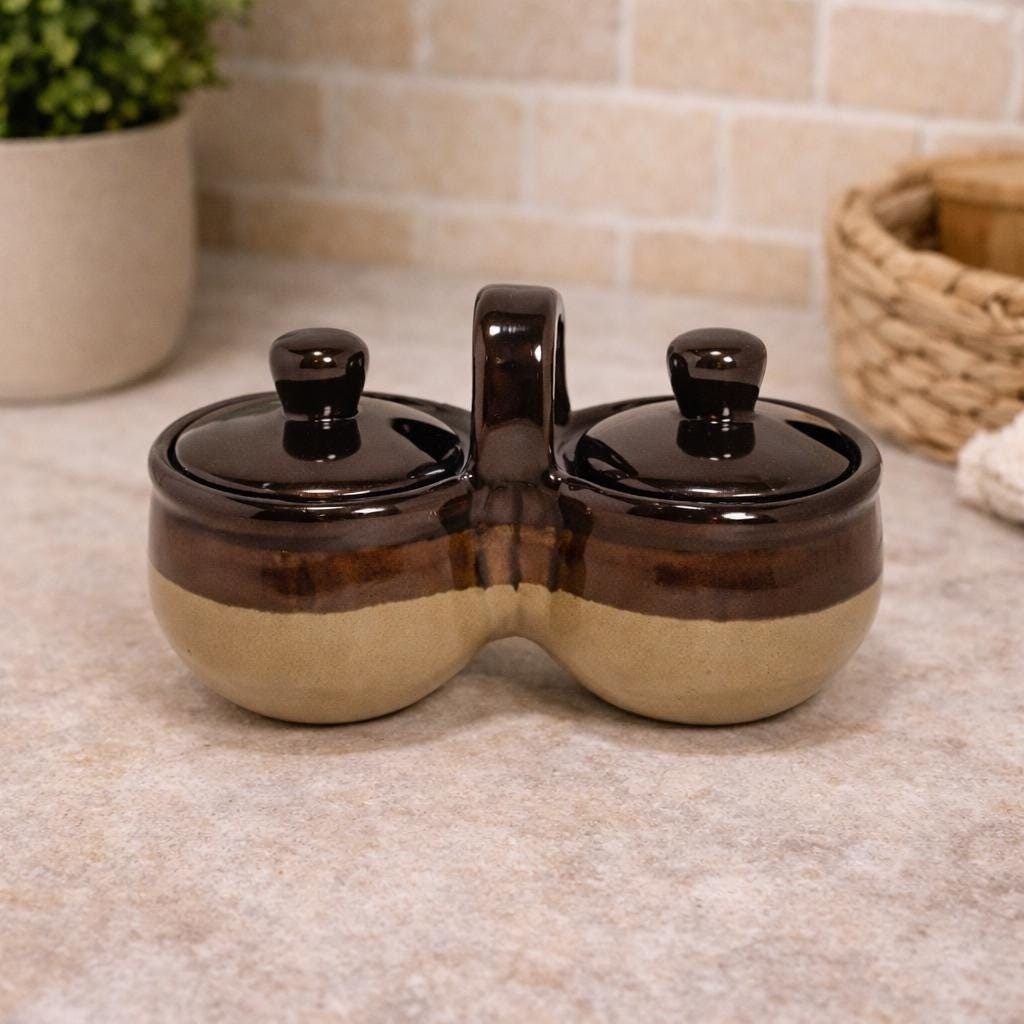 Vintage Jam Server Double Pot Brown Ceramic Lidded Condiment