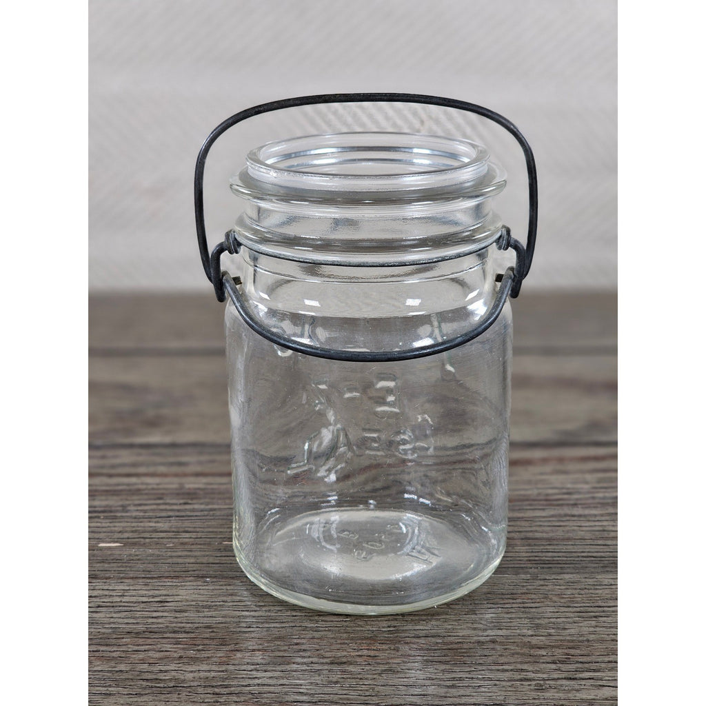 Vintage Atlas E-Z Seal Glass Jar Wire Bail Lid 5x3 Clear Embossed