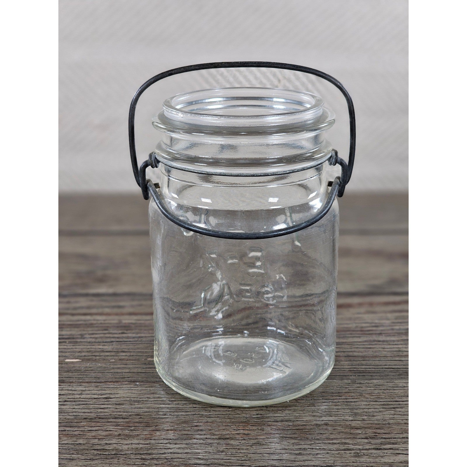 Vintage Atlas E-Z Seal Glass Jar Wire Bail Lid 5x3 Clear Embossed