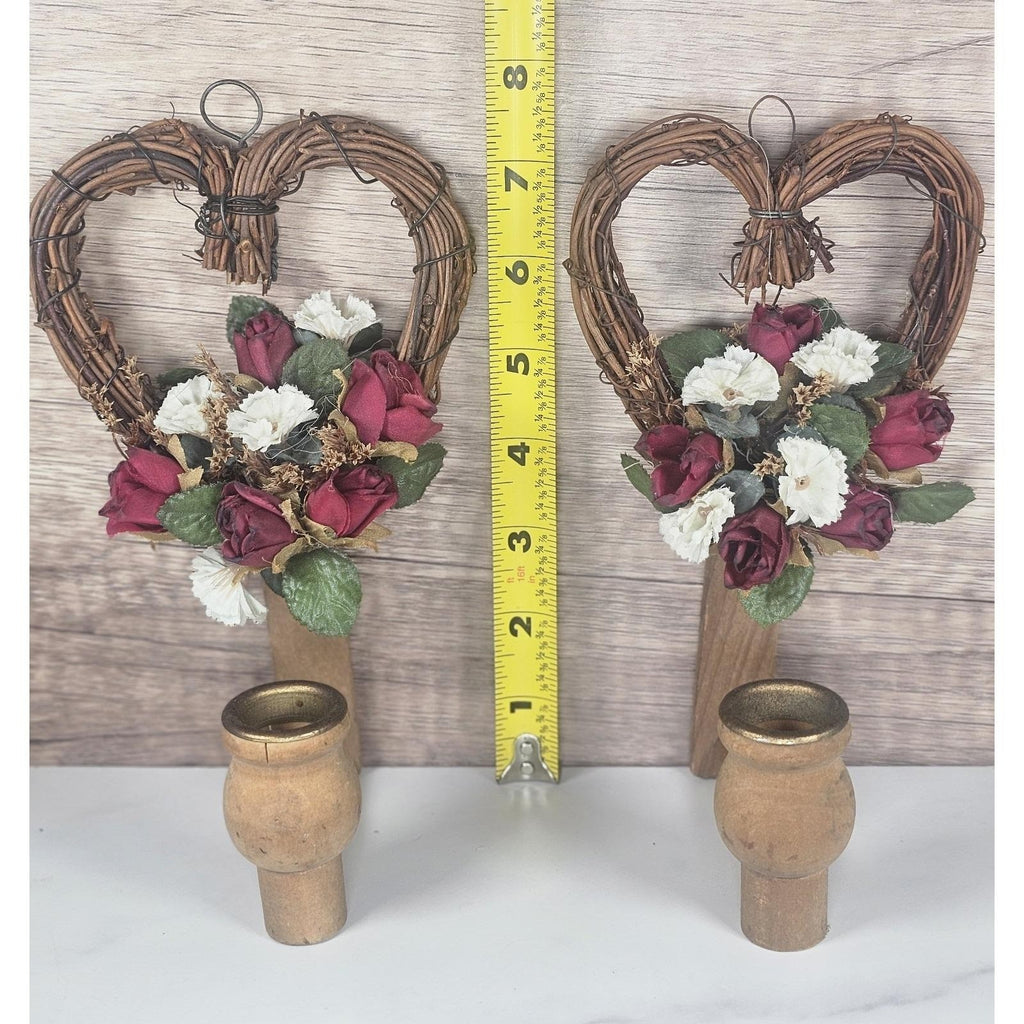 Vintage Grapevine Heart Wall Sconces Set of 2 Rustic Floral Candle Holders