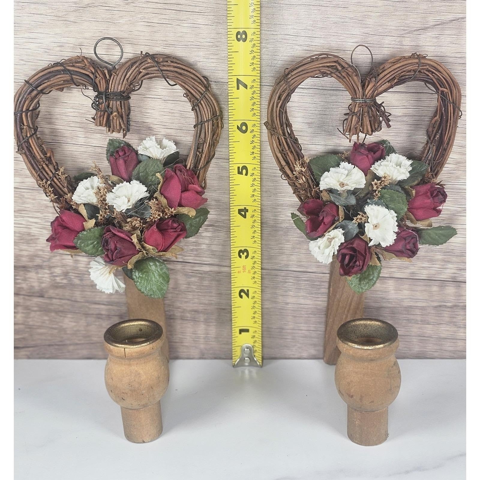 Vintage Grapevine Heart Wall Sconces Set of 2 Rustic Floral Candle Holders