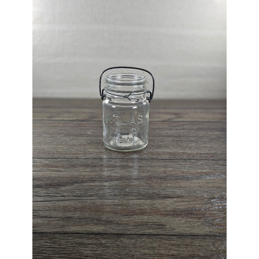 Vintage Atlas E-Z Seal Glass Jar Wire Bail Lid 5x3 Clear Embossed