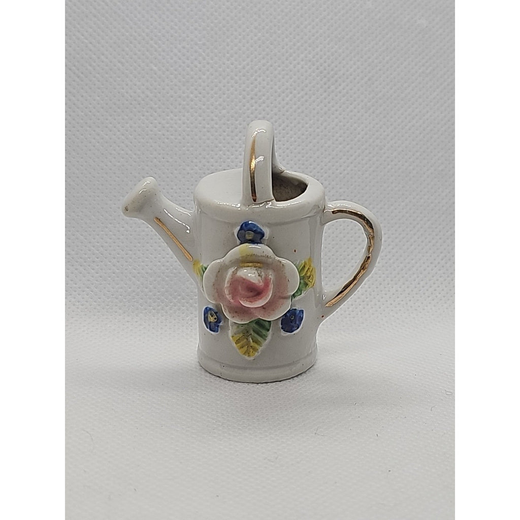 Miniature Vintage Porcelain Watering Can Figurine Roses Gold Trim Japan 2″