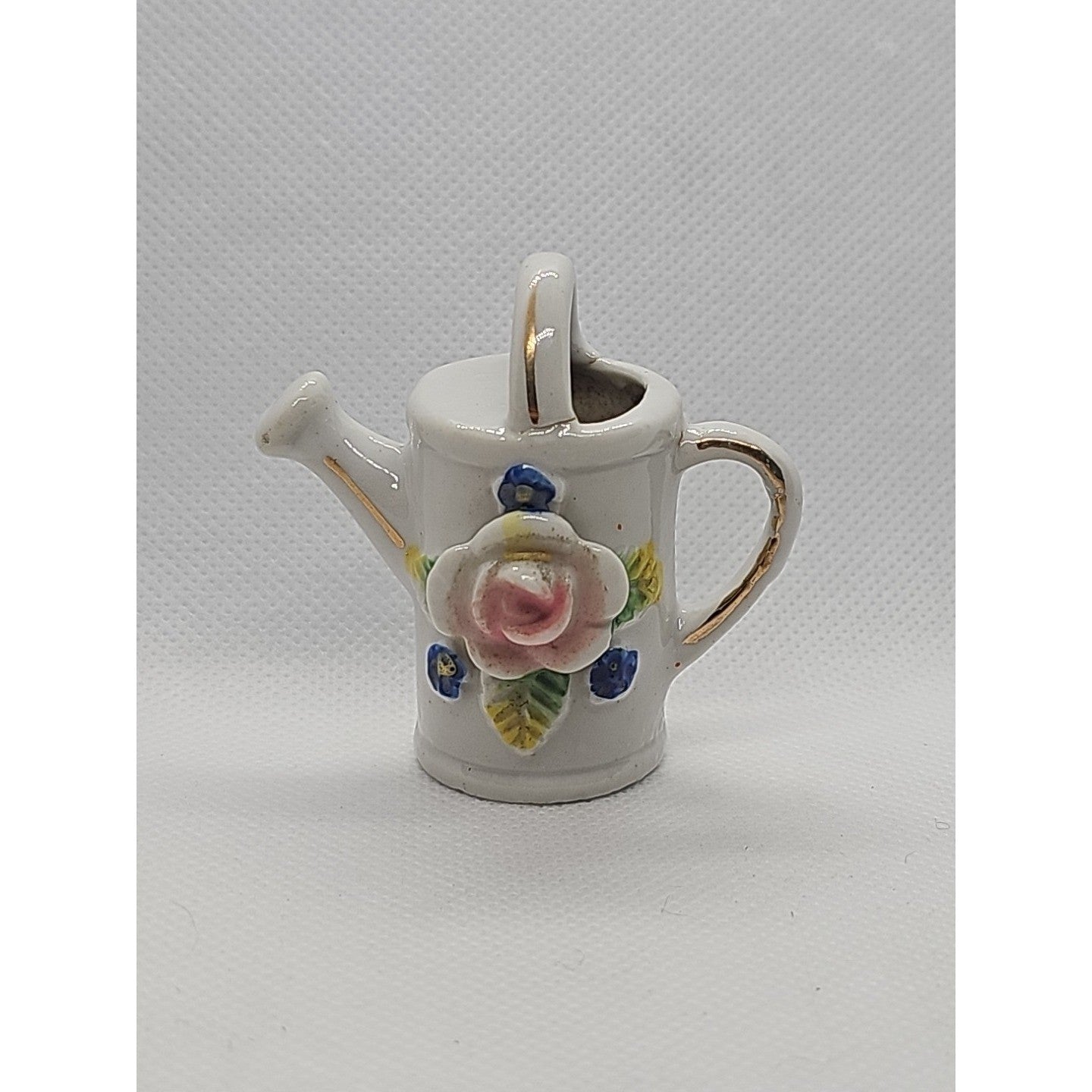 Miniature Vintage Porcelain Watering Can Figurine Roses Gold Trim Japan 2″