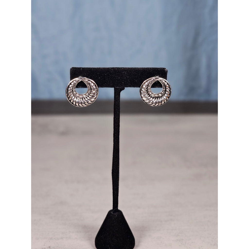 Vintage Silver-Tone Swirl Circle Stud Earrings with Rhinestone Accent