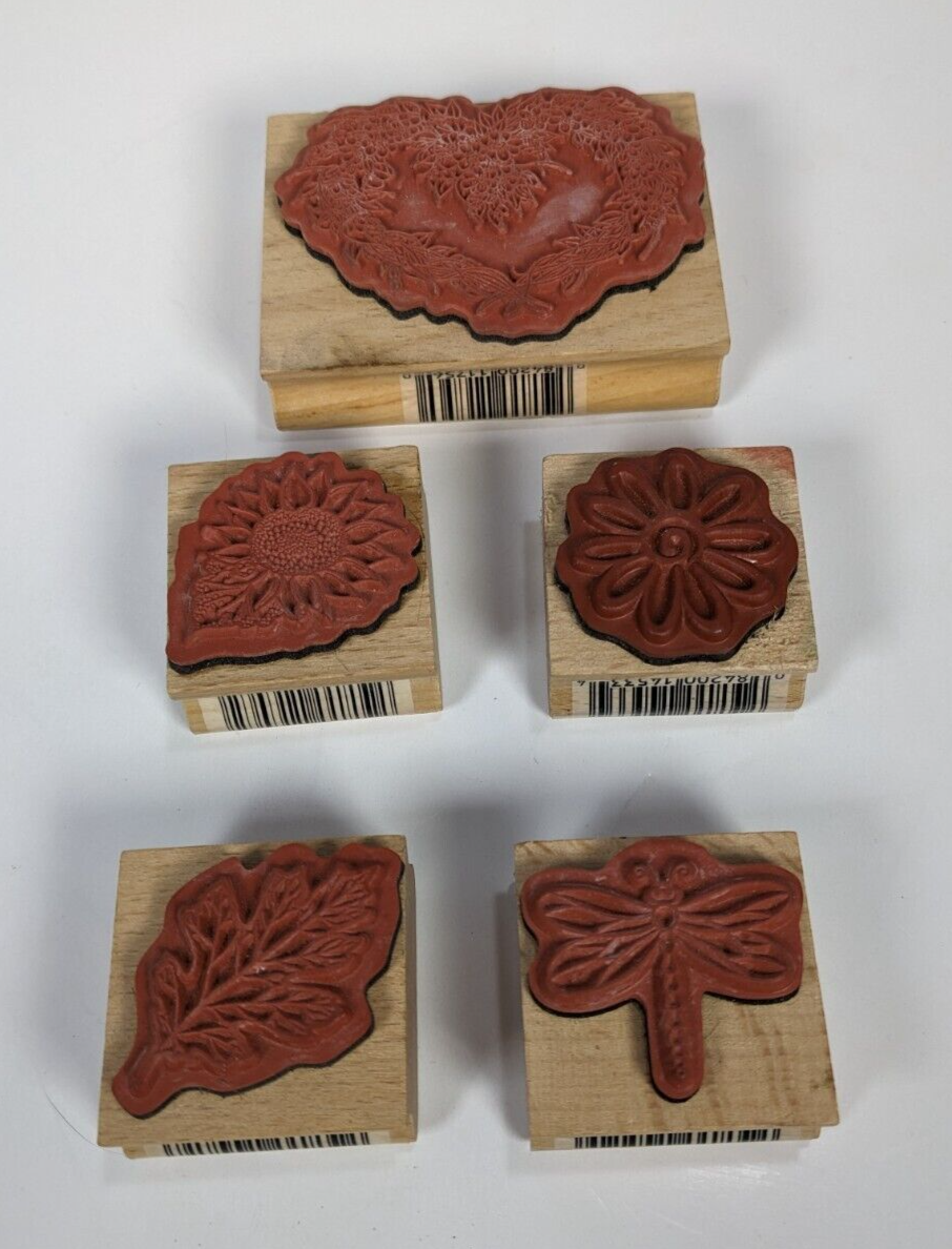 Lot of 5 Wooden Craft Stamps – Dragonfly, Sunflower, Leaf & Floral Heart Nature