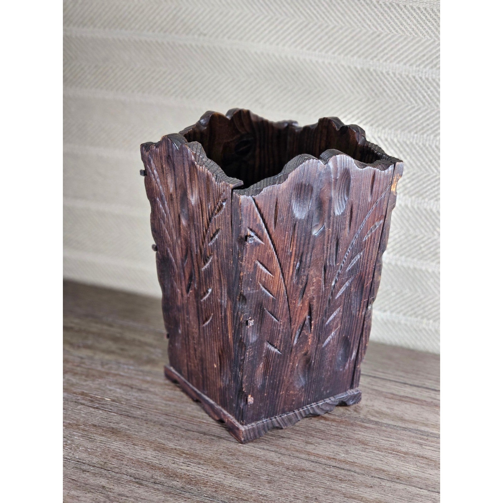 Hand-Carved Rustic Wood Box with Iron Nails | Primitive Farmhouse Decor