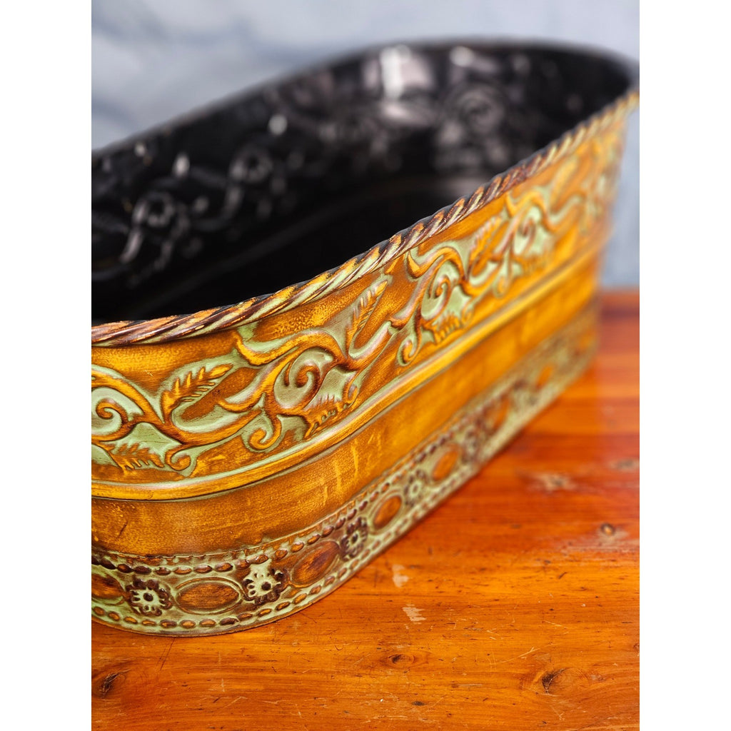 Vintage Embossed Oval Metal Planter Gold Verdigris Cachepot 18.5"