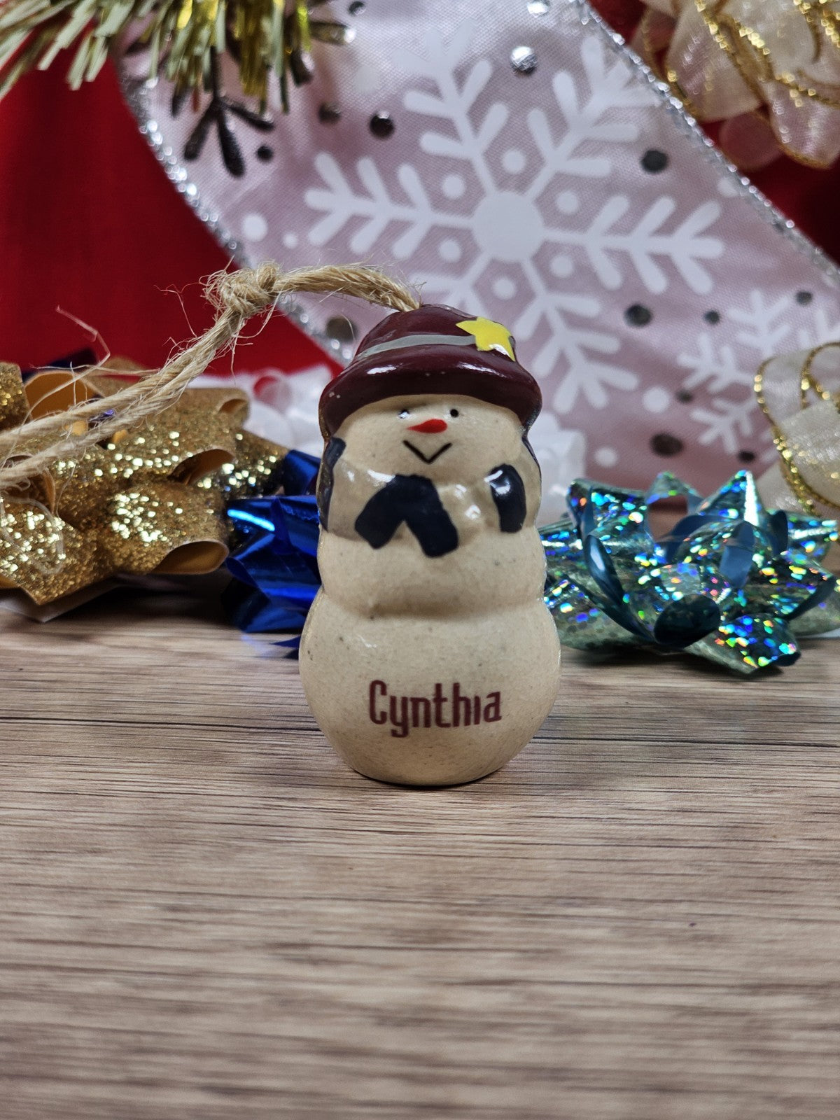 Vintage Snowwoman Christmas Ornament 2" Tall Personalized Name Cynthia Folk Art