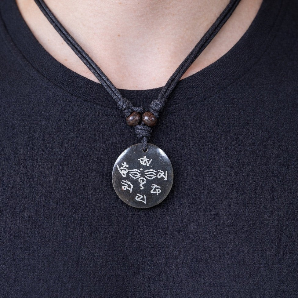 Vintage Script Pendant Necklace Black Cord Spiritual Symbol Medallion