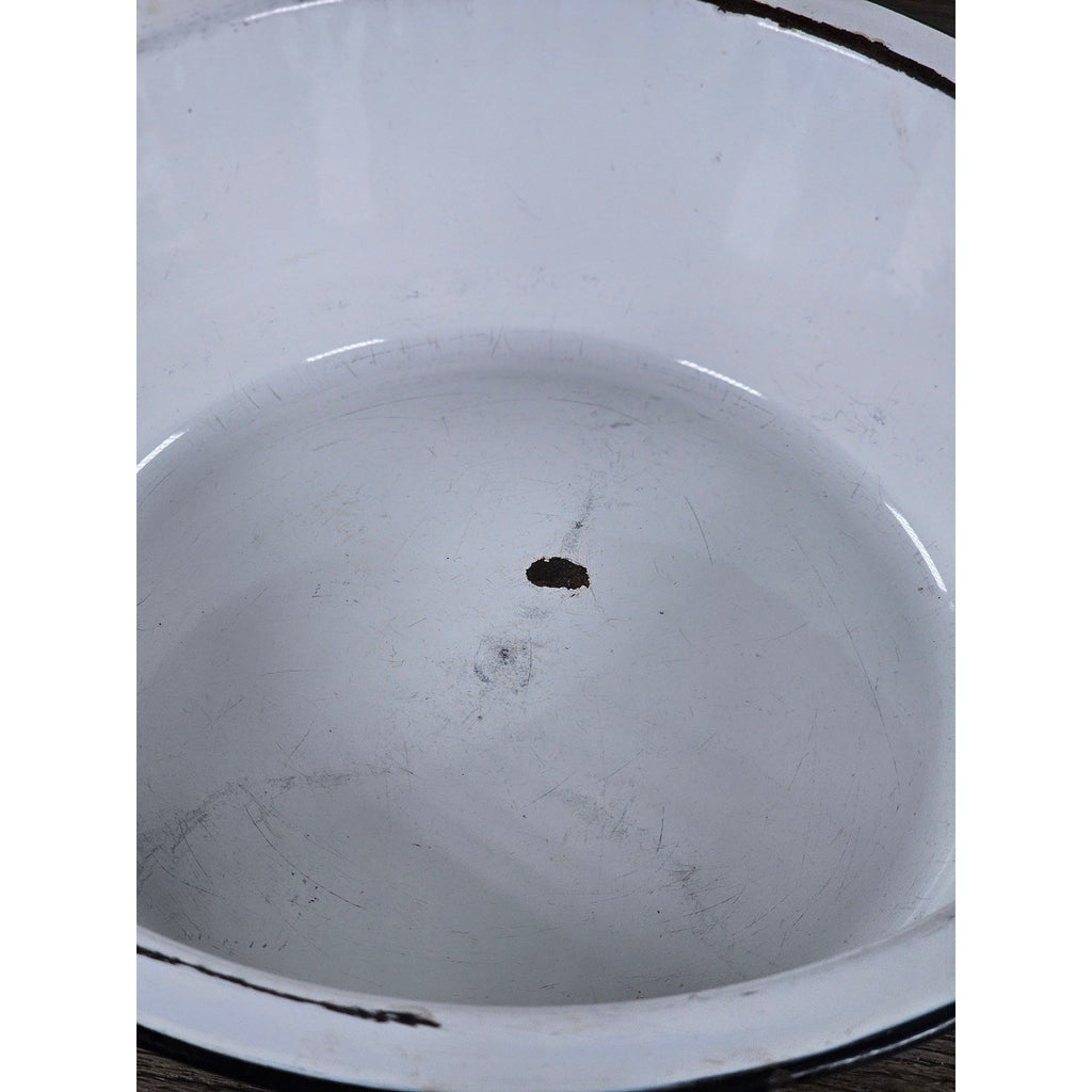 Vintage White Enamel Wash Basin Bowl Black Rim Rustic Farmhouse