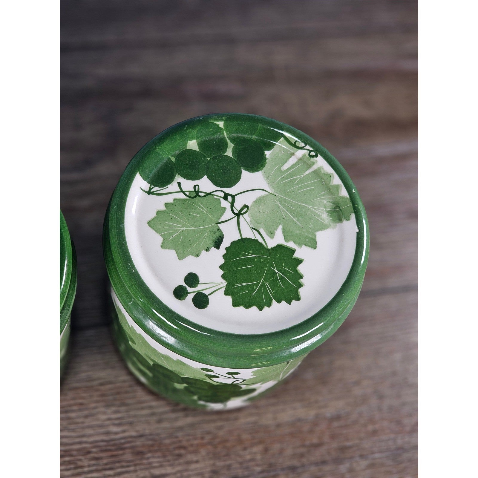 Vintage Grape Leaf Canisters with Lids – Set of 2 – Green Ceramic