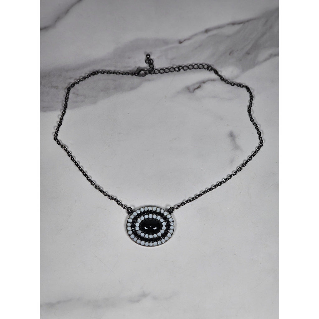 Vintage Black Oval Pendant Necklace with Rhinestone Halo on Gunmetal Chain