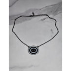 Vintage Black Oval Pendant Necklace with Rhinestone Halo on Gunmetal Chain