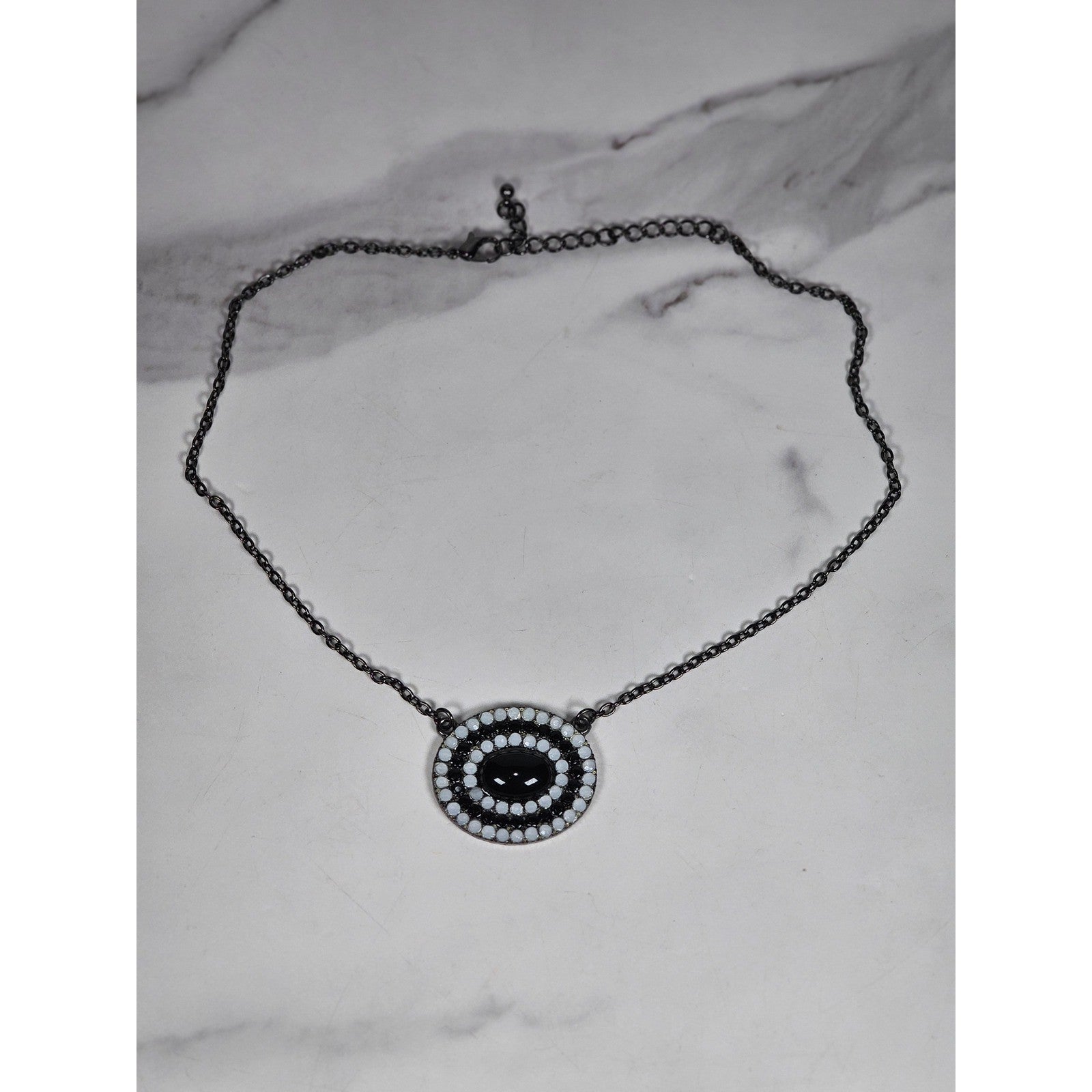 Vintage Black Oval Pendant Necklace with Rhinestone Halo on Gunmetal Chain