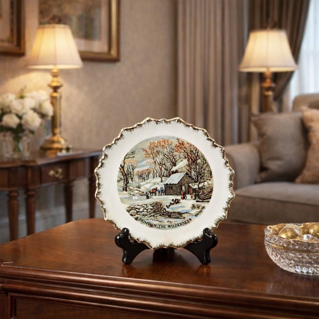 Vintage Currier & Ives "A Home in the Wilderness" Plate Gold Gilt 7"