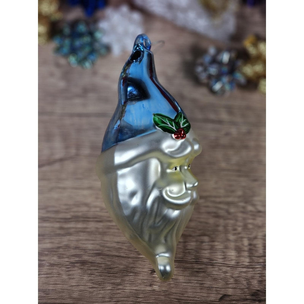 Vintage Glass Santa Ornament Blue Hat 1970s Handblown 7 Inch