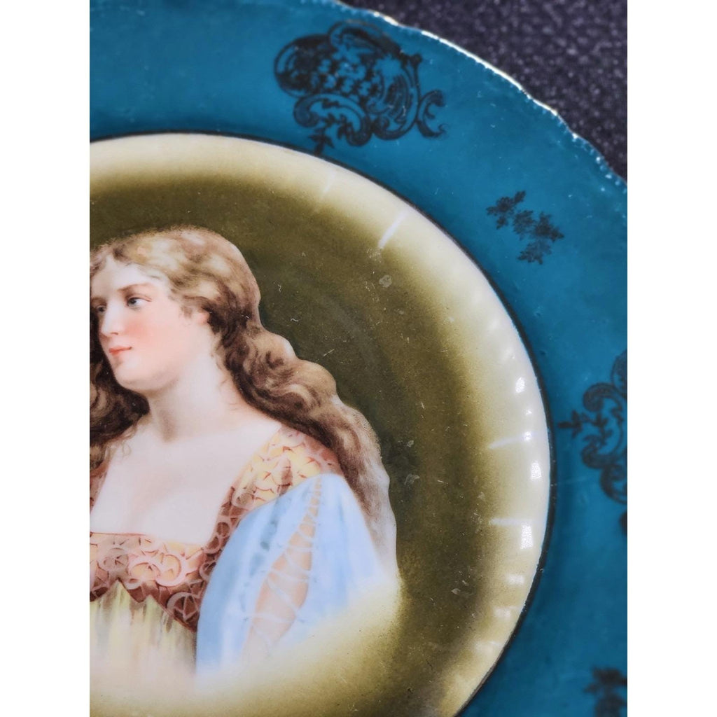 Antique Royal Vienna Porcelain Cabinet Plate Portrait Teal Olive 10 Inch