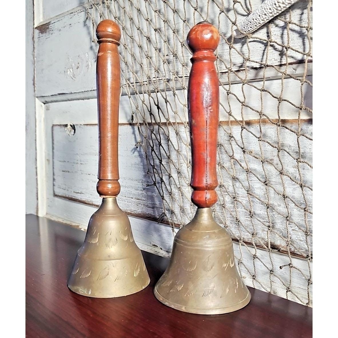Vintage Brass Wood Bells Set of 2 Etched Decorative Rustic Bells