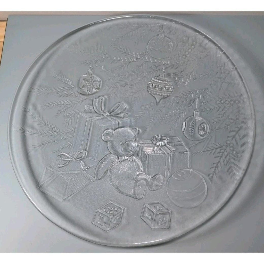 Vintage Christmas Glass Platter Teddy Bear Holiday Serving Plate