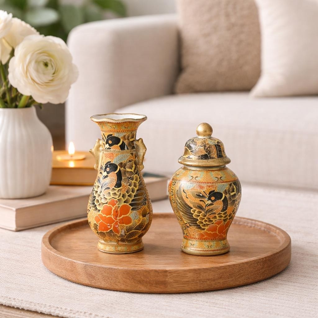 Vintage Chinese Enameled Vase & Covered Jar Set – Feng Huang Bird Motif