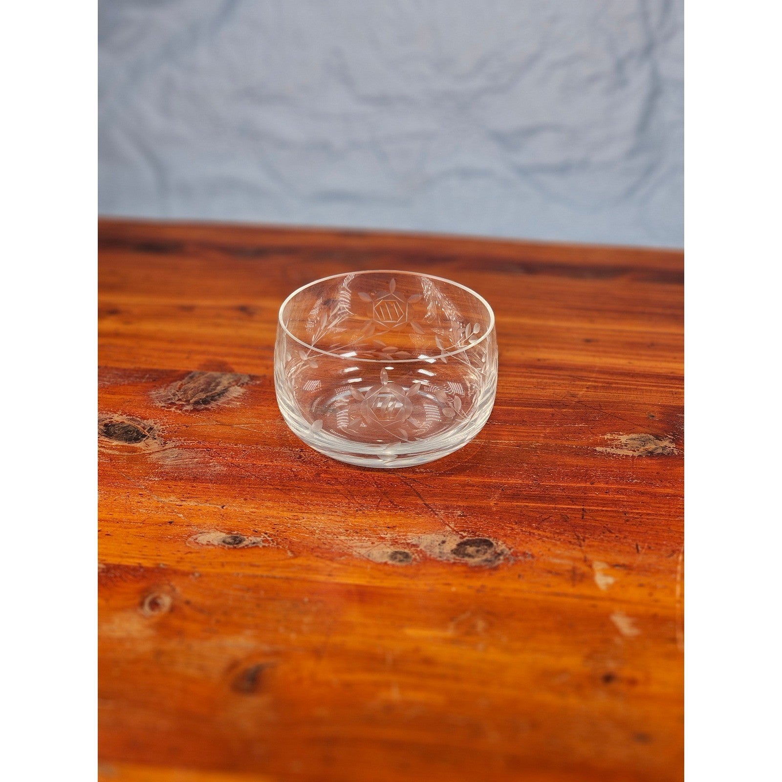 Vintage Etched Glass Bowl Floral Vine Design 3.5" Clear Decorative Dish