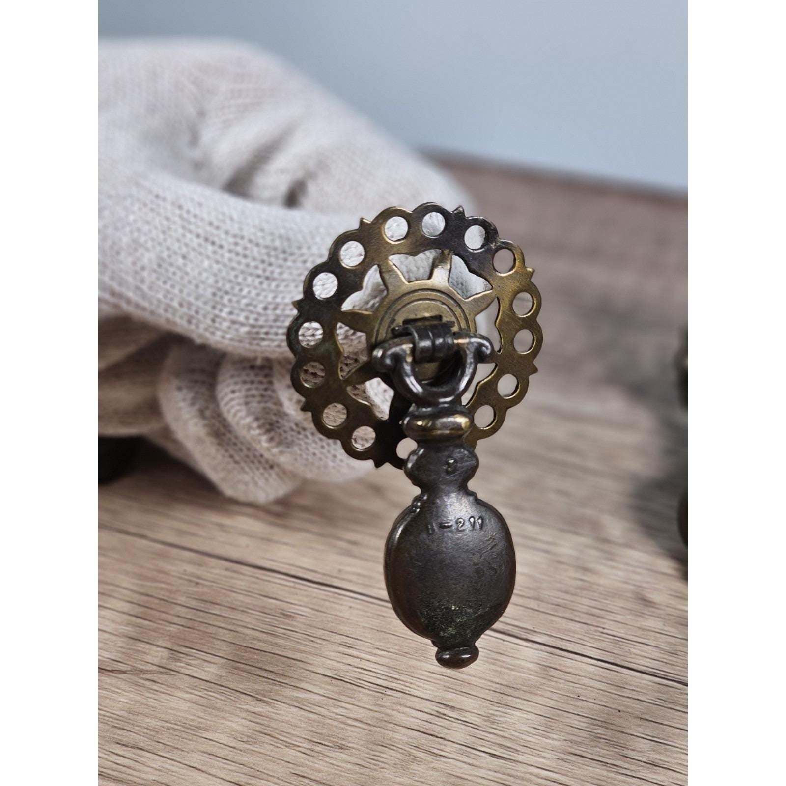 Vintage Brass Bronze Drawer Knobs Set 3 Ornate Cabinet Pulls