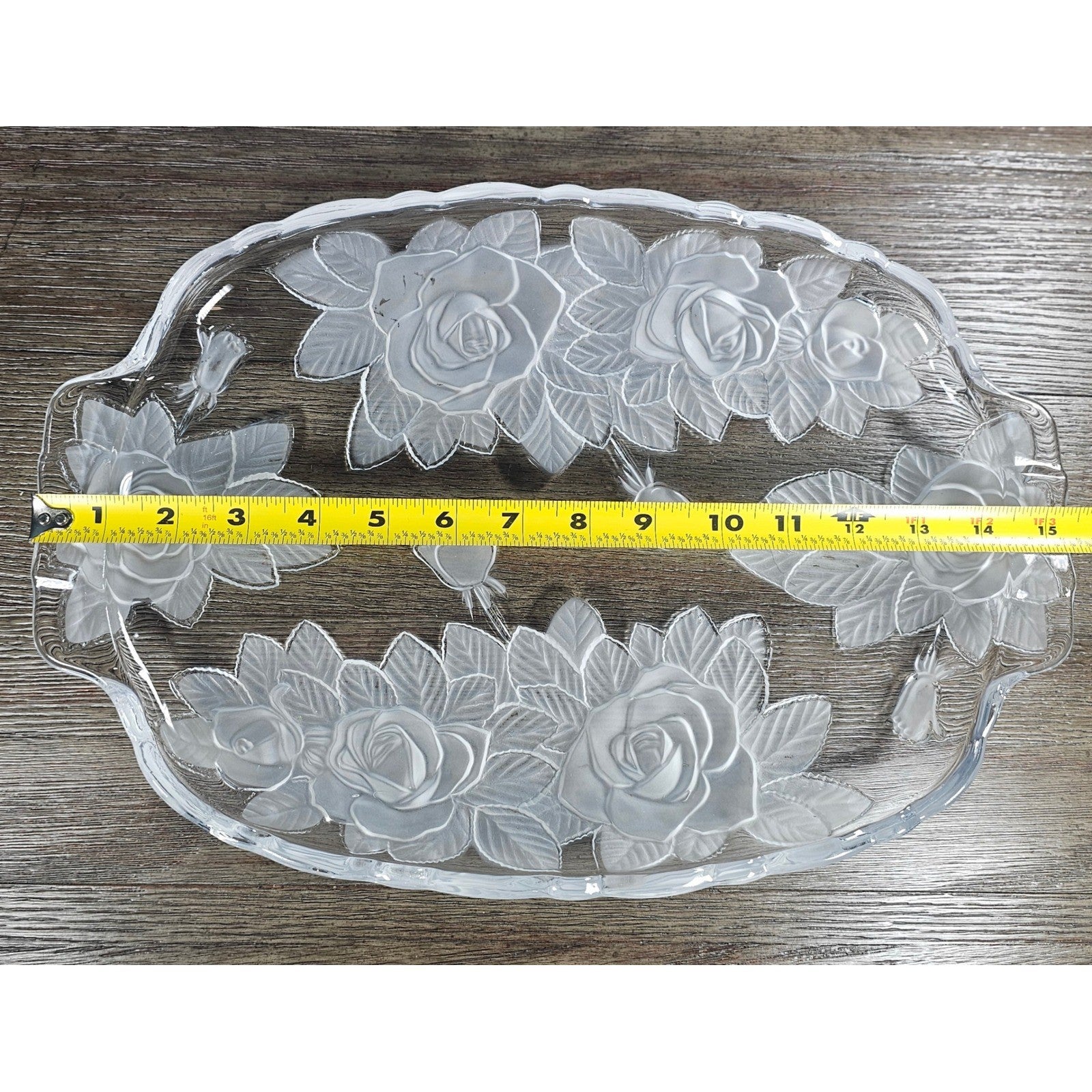Vintage Etched Rose Glass Serving Tray Floral Clear Oval Platter
