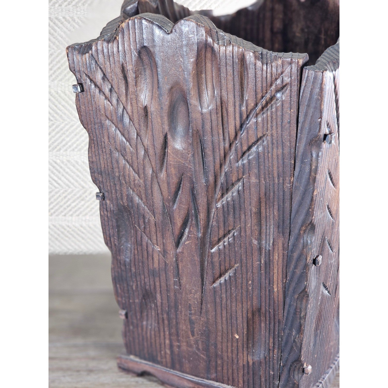 Hand-Carved Rustic Wood Box with Iron Nails | Primitive Farmhouse Decor