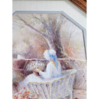 Vintage Framed Pastoral Art Print Octagon Wood Frame Cottage Garden Scene