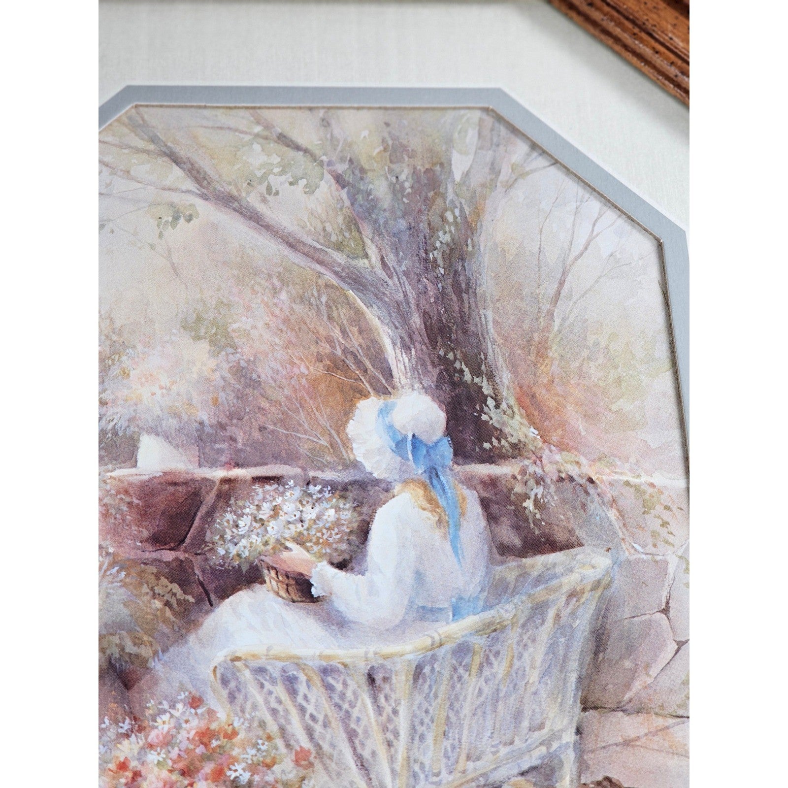 Vintage Framed Pastoral Art Print Octagon Wood Frame Cottage Garden Scene