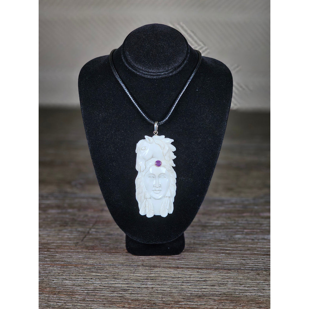 Carved Buffalo Bone Pendant Woman & Horse Motif 3x1 Inch Statement Necklace