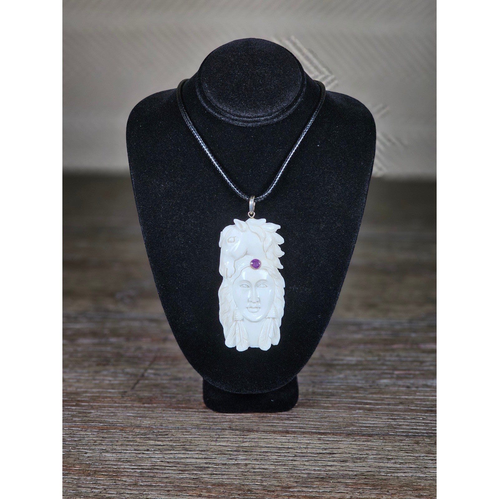 Carved Buffalo Bone Pendant Woman & Horse Motif 3x1 Inch Statement Necklace