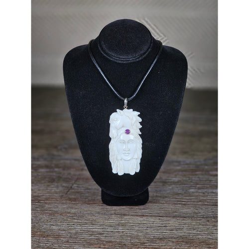 Carved Buffalo Bone Pendant Woman & Horse Motif 3x1 Inch Statement Necklace