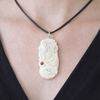 Vintage Carved Pendant Necklace Owl Elephant Red Accent
