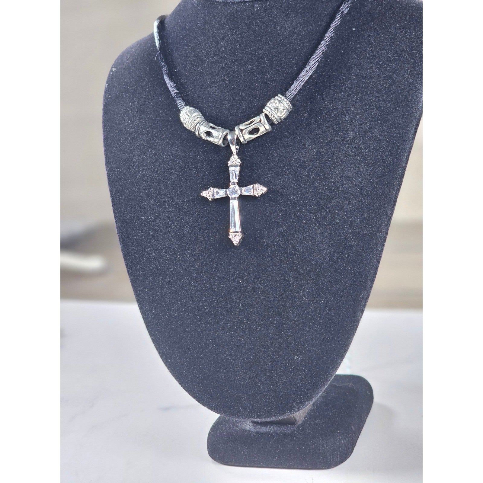 Vintage Silver Tone Cross Necklace Black Cord Beaded Accent