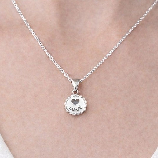Vintage Sterling Silver Love Heart Pendant Necklace Scalloped Edge