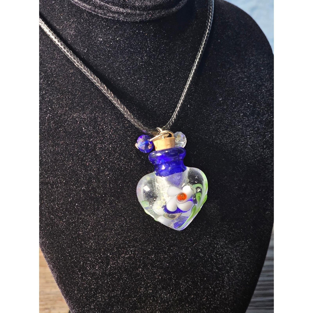 Vintage Glass Heart Bottle Pendant Necklace with Floral Design