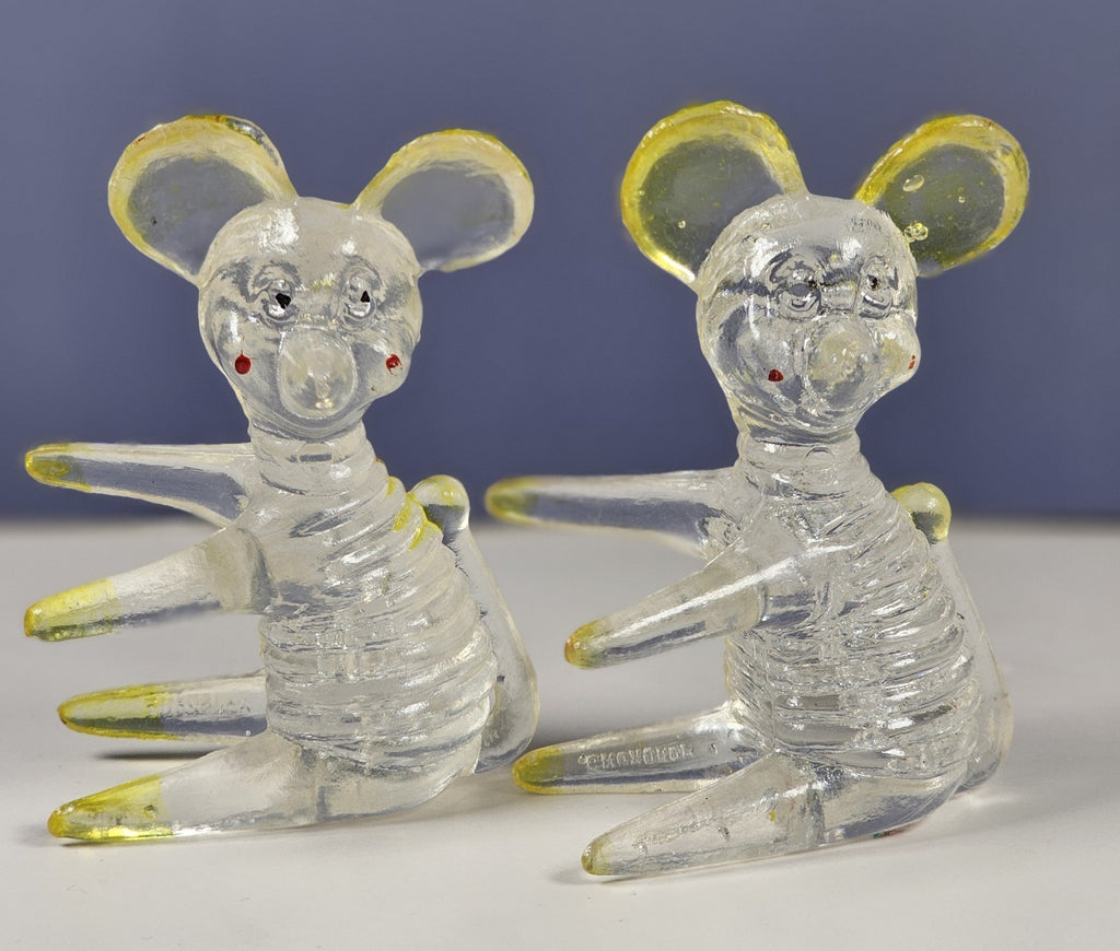 Set Of 2 Lucite Clear Acrylic Mouse Figurines 2 3/4 Inches With Yellow Ears & Ac