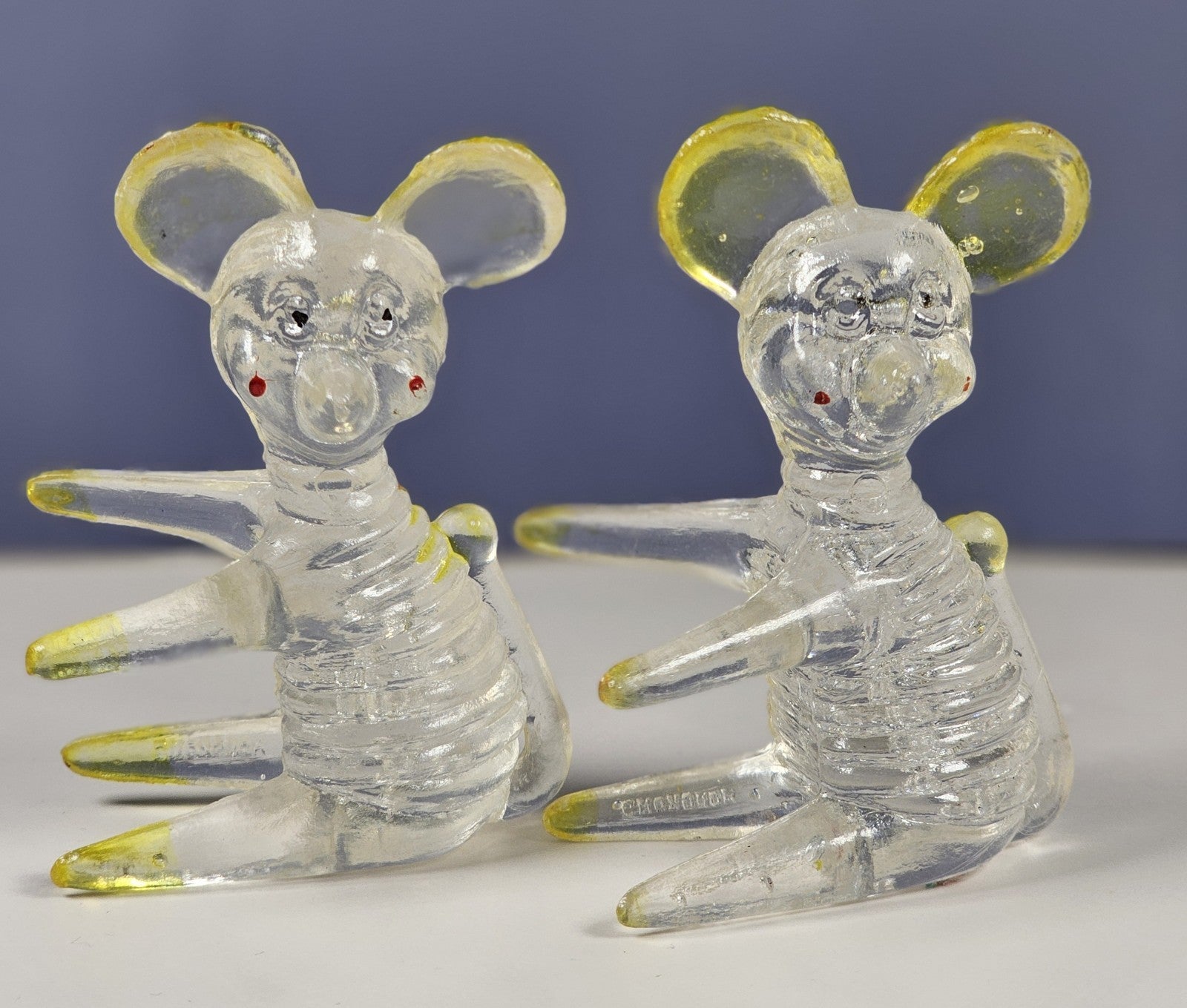 Set Of 2 Lucite Clear Acrylic Mouse Figurines 2 3/4 Inches With Yellow Ears & Ac