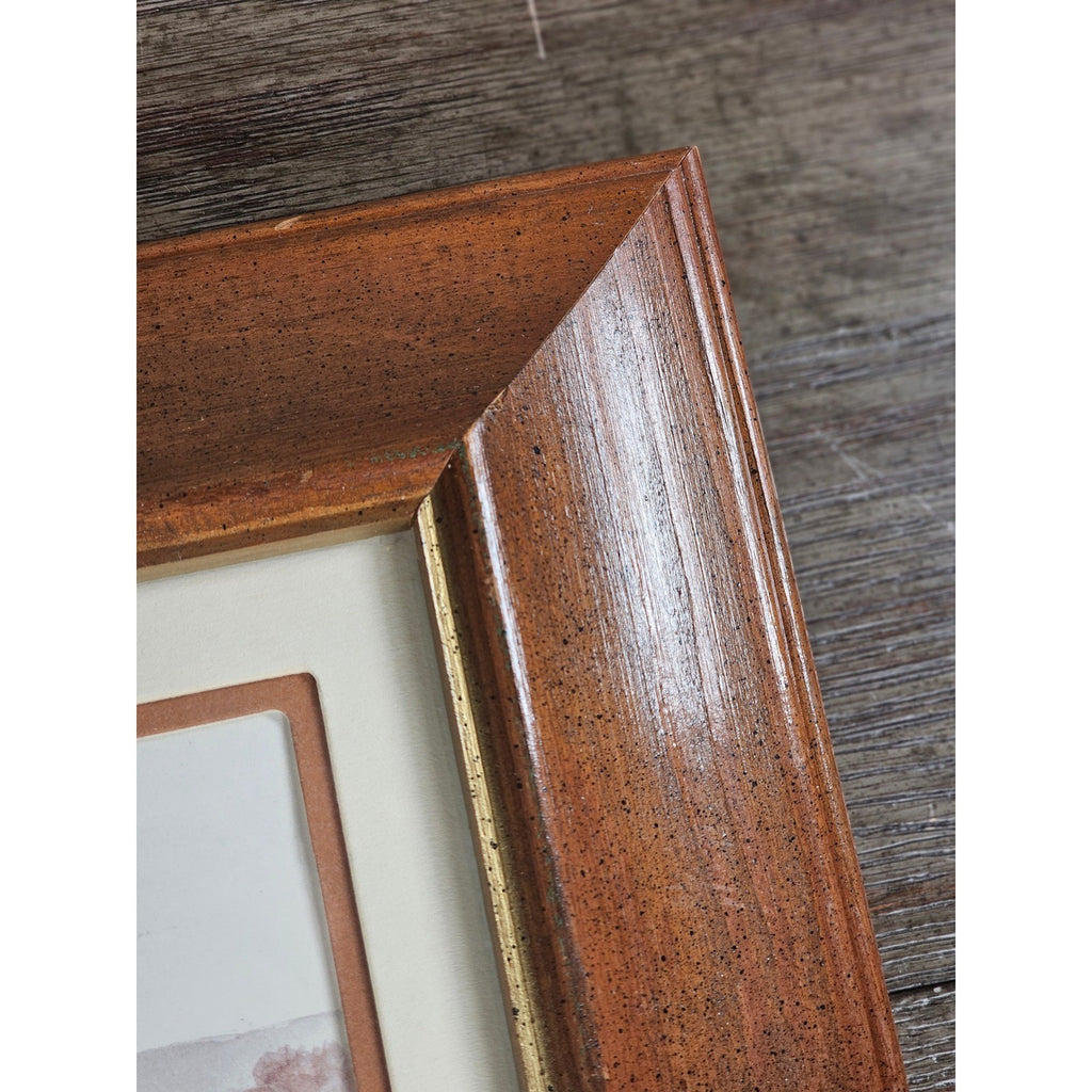 Vintage Framed Winter Landscape Print Signed, Rustic Wood Frame 14x13